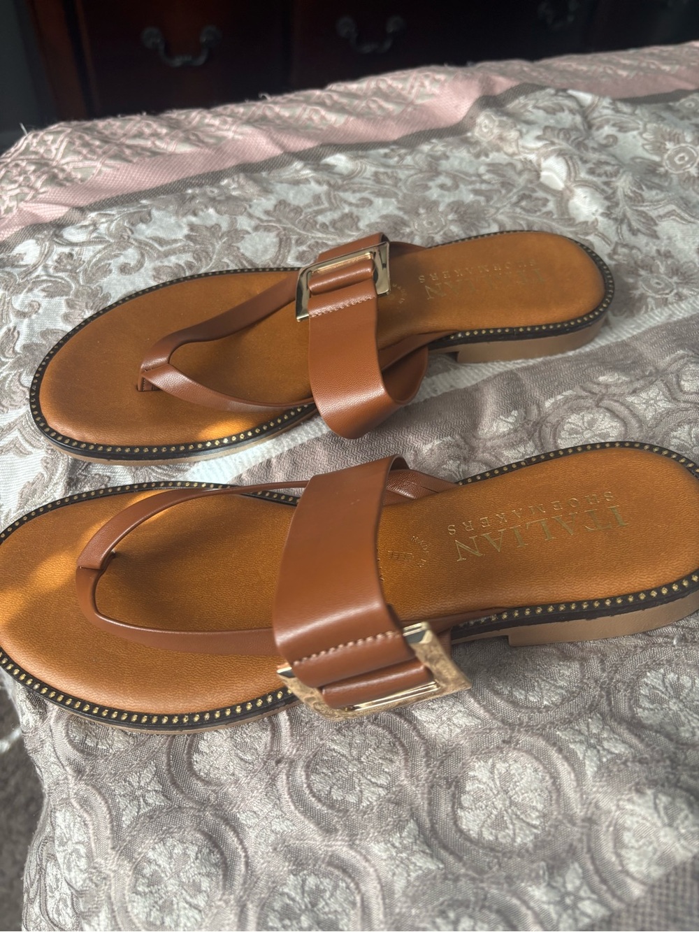 Italian Shoemakers Tan Leather Buckle Thong Sandals